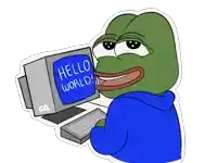 a cartoon frog says hello world on a computer monitor