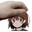 a hand is putting a piece of bread on a girl 's head .