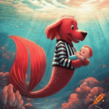 a red dog with a red tail is holding a baby in the water