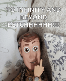 a woody doll is laying on a pillow with the words to infinity and beyond betchhhhh