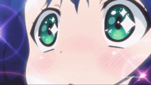 a close up of a girl 's face with green eyes and the word animation on the bottom right