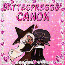 a couple of cartoon characters hugging each other on a pink background with the words battespresso canon written on it .