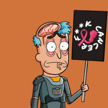 a cartoon of a man holding a sign that says ' breast cancer ' on it