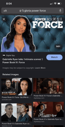 a screenshot of gloria power force showing a woman in a blue jacket