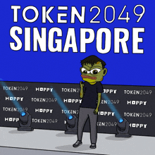 a cartoon of a man standing in front of a wall with the words token2049 singapore on it