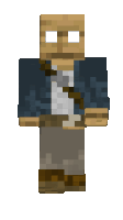 a minecraft character with a wooden face and a blue jacket