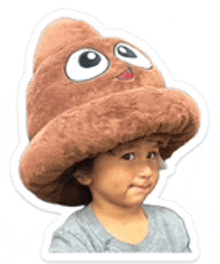 a little boy is wearing a hat that looks like a poop with big eyes .