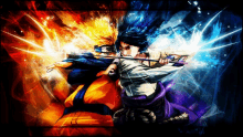 a painting of naruto and sasuke fighting each other with swords