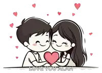 a cartoon of a boy and a girl holding a heart with the words love you alan underneath them
