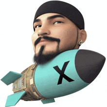 a man with a beard is sitting on top of a blue rocket with the letter x on it