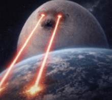 a planet with two lasers coming out of it 's face .