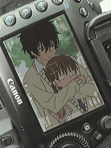 a canon camera has a picture of two anime characters on it