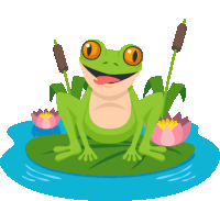 a frog sitting on a lily pad in a pond