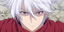 a person with white hair and red eyes is wearing a red scarf