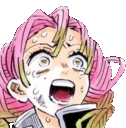 a close up of a cartoon character with pink hair holding a book and screaming .