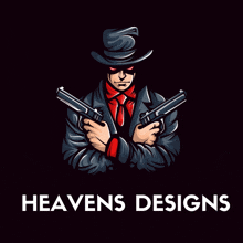 a logo for heavens designs shows a man in a suit holding two guns