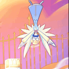 a cartoon character is flying through the air with a flower on his head .