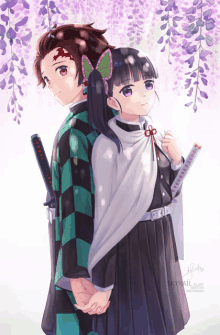 a couple of anime characters standing next to each other with purple flowers behind them