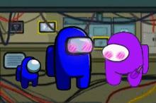 a blue and purple among us character are standing next to each other .