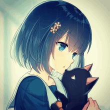 a girl with blue eyes holding a black cat