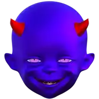 a blue face with red horns and purple eyes