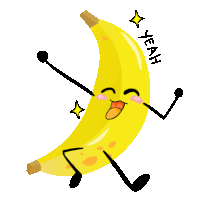 a cartoon illustration of a banana with a face and arms and legs says yeah