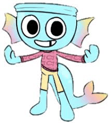 a cartoon character is wearing a pink sweater and shorts and has a tail .