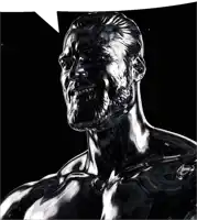a statue of a man with a beard and a speech bubble