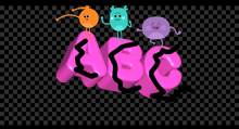 three cartoon characters are standing on a pink abc sign