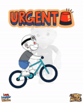 a cartoon of a boy riding a bike with the word urgent on the top