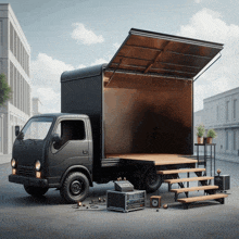 a black truck is parked on the street with the back door open