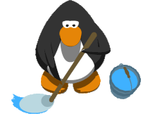 a penguin is mopping the floor with a mop