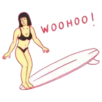 a woman in a bikini is riding a surfboard with the words woohoo written above her