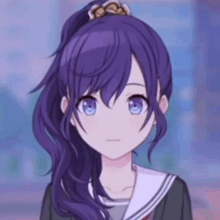 a girl with purple hair and blue eyes is wearing a school uniform and has a ponytail .