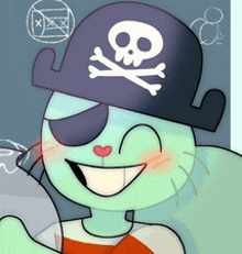 a cartoon character wearing a pirate hat with a skull and crossbones