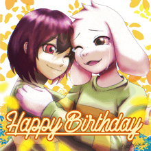 a drawing of a girl and a goat with the words happy birthday below them