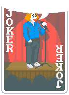 a pixel art of a clown speaking into a microphone