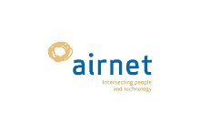 a logo for airnet intersecting people and technology with an orange circle