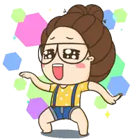 a cartoon of a girl wearing glasses and suspenders dancing