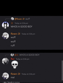 a screenshot of a discord conversation between flown 3 and wuff