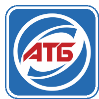 a blue and white logo that says atg in red letters