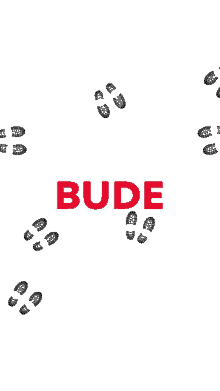 the word bude is on a white background with black footprints