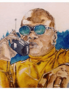 a painting of a man wearing sunglasses talking on a cellphone