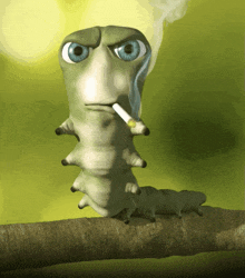 a cartoon caterpillar is smoking a cigarette on a branch