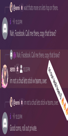 a screenshot of a discord conversation between @xenni and @s nah