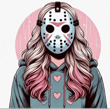 a girl wearing a jason voorhees mask and a hoodie with hearts on it