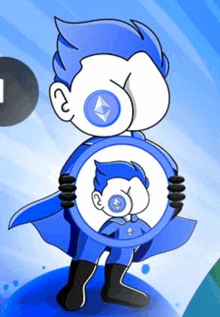 a cartoon character is holding a coin with an ethereum symbol on it