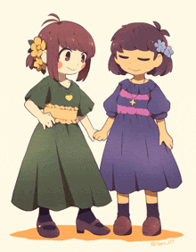 a drawing of two girls standing next to each other with the name lari-ut written on the bottom