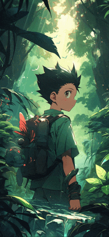 a boy with a backpack is standing in a forest