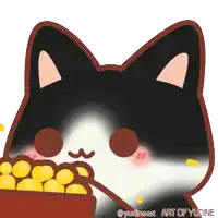 a drawing of a black and white cat holding a bowl of gold